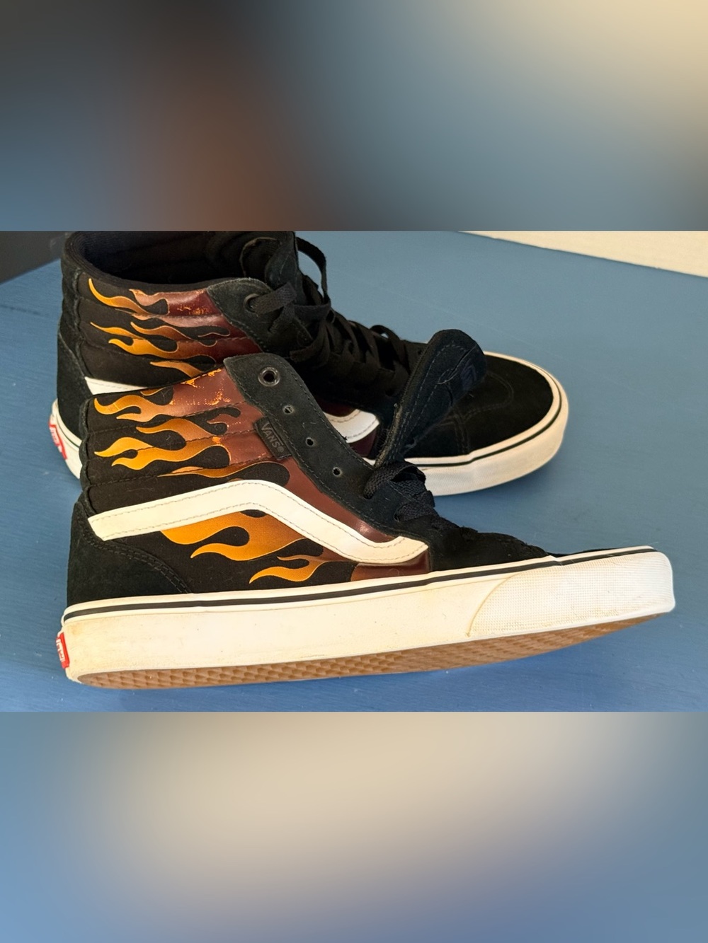 Vans Sk8-Hi Sneakers with Black, Orange & Yellow Flame Graphic